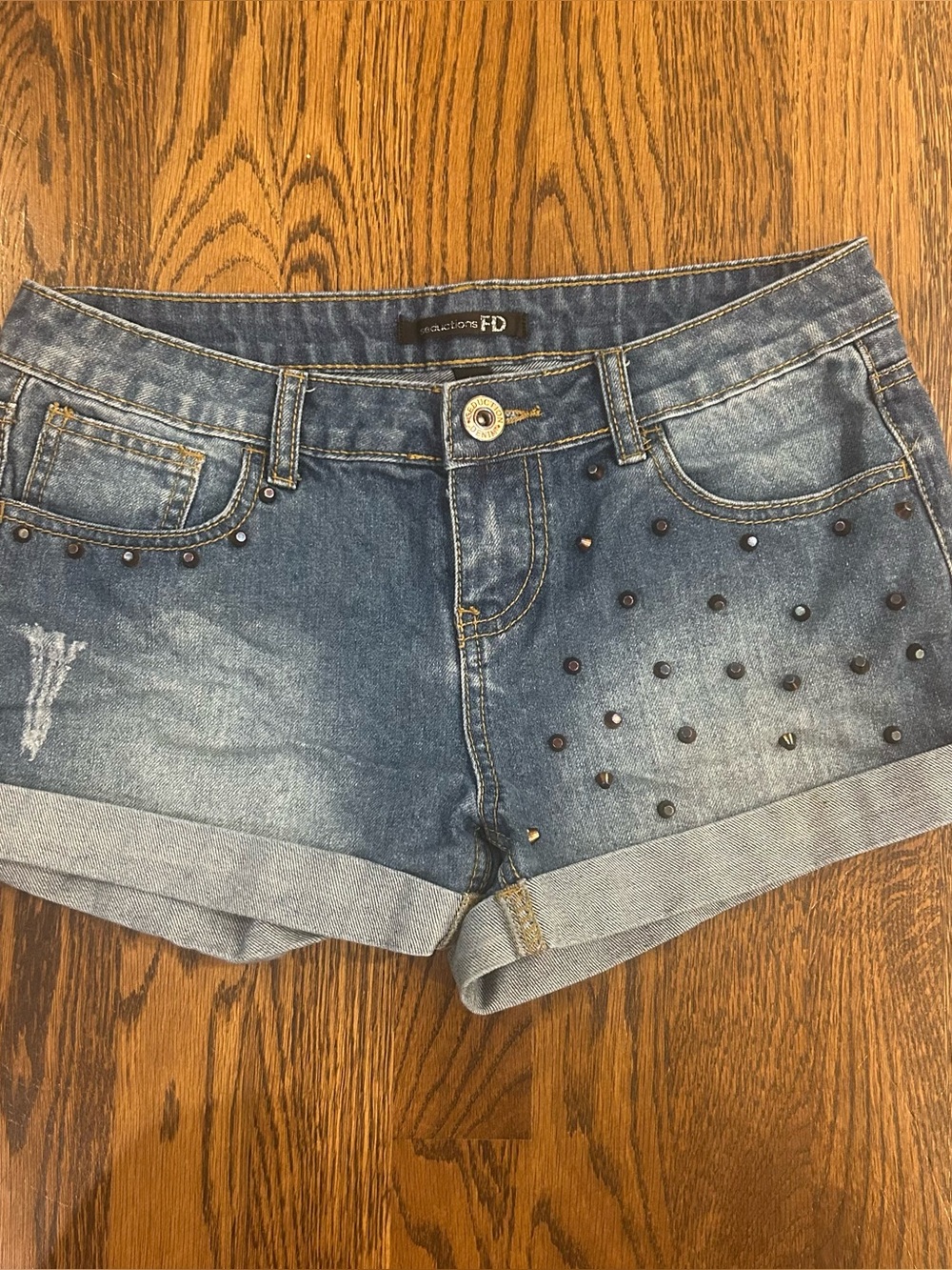 Seductions Denim Studded Low-Rise Shorts